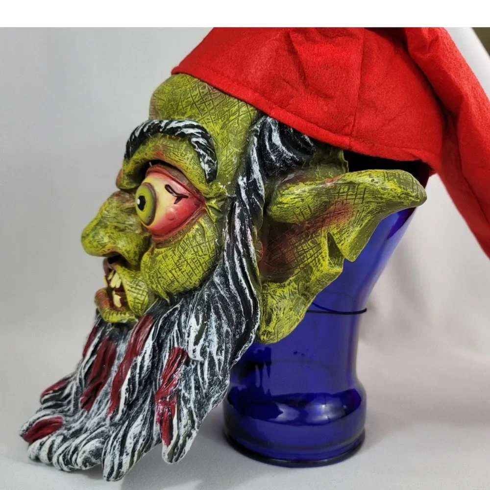 SCARY FACE horror mask GREEN GARDEN Gnome beard RED POINTY HAT Halloween monster